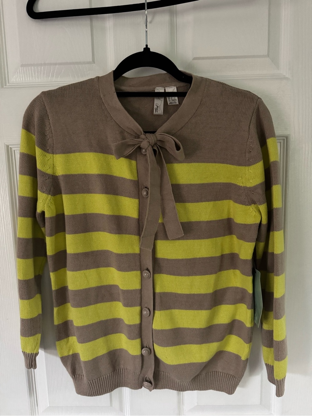 Forever 21 Taupe and Neon Yellow Striped Bow Tie Cardigan - Picture 3 of 6